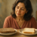 Mujer adulta observando dos rebanadas de pan, una integral y otra blanca, colocadas en platos sobre una mesa, junto a un glucómetro, en una comparación relacionada con la glucosa y la salud intestinal.