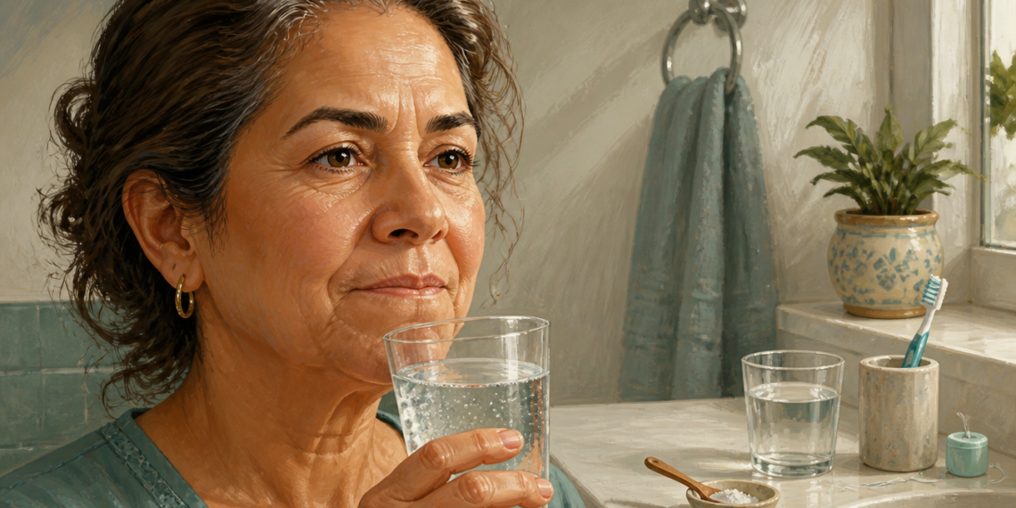 Mujer adulta sosteniendo un vaso de agua con sal en un cuarto de baño, junto a un pequeño recipiente con sal, un cepillo de dientes y un vaso, en una escena relacionada con el cuidado de las encías inflamadas.