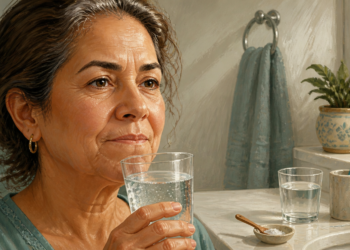 Mujer adulta sosteniendo un vaso de agua con sal en un cuarto de baño, junto a un pequeño recipiente con sal, un cepillo de dientes y un vaso, en una escena relacionada con el cuidado de las encías inflamadas.