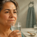Mujer adulta sosteniendo un vaso de agua con sal en un cuarto de baño, junto a un pequeño recipiente con sal, un cepillo de dientes y un vaso, en una escena relacionada con el cuidado de las encías inflamadas.