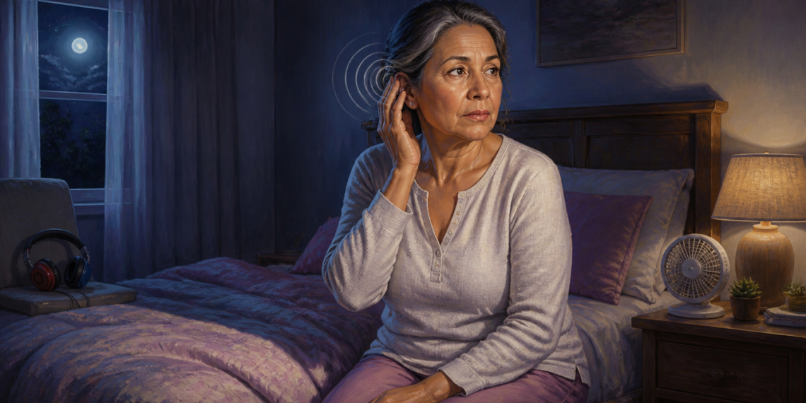 Mujer adulta sentada en la cama durante la noche, tocándose un oído mientras unas ondas circulares representan un zumbido, con auriculares y un ventilador cerca.