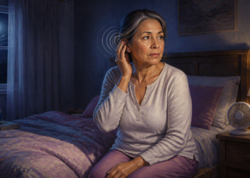 Mujer adulta sentada en la cama durante la noche, tocándose un oído mientras unas ondas circulares representan un zumbido, con auriculares y un ventilador cerca.