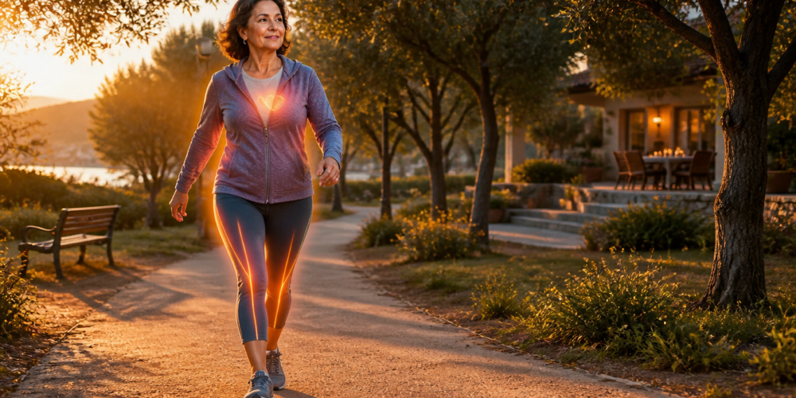 Mujer adulta camina a paso activo por un sendero arbolado al atardecer, con una representación luminosa del corazón y las piernas sobre su ropa.