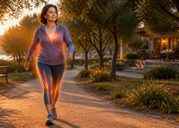 Mujer adulta camina a paso activo por un sendero arbolado al atardecer, con una representación luminosa del corazón y las piernas sobre su ropa.