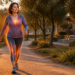 Mujer adulta camina a paso activo por un sendero arbolado al atardecer, con una representación luminosa del corazón y las piernas sobre su ropa.