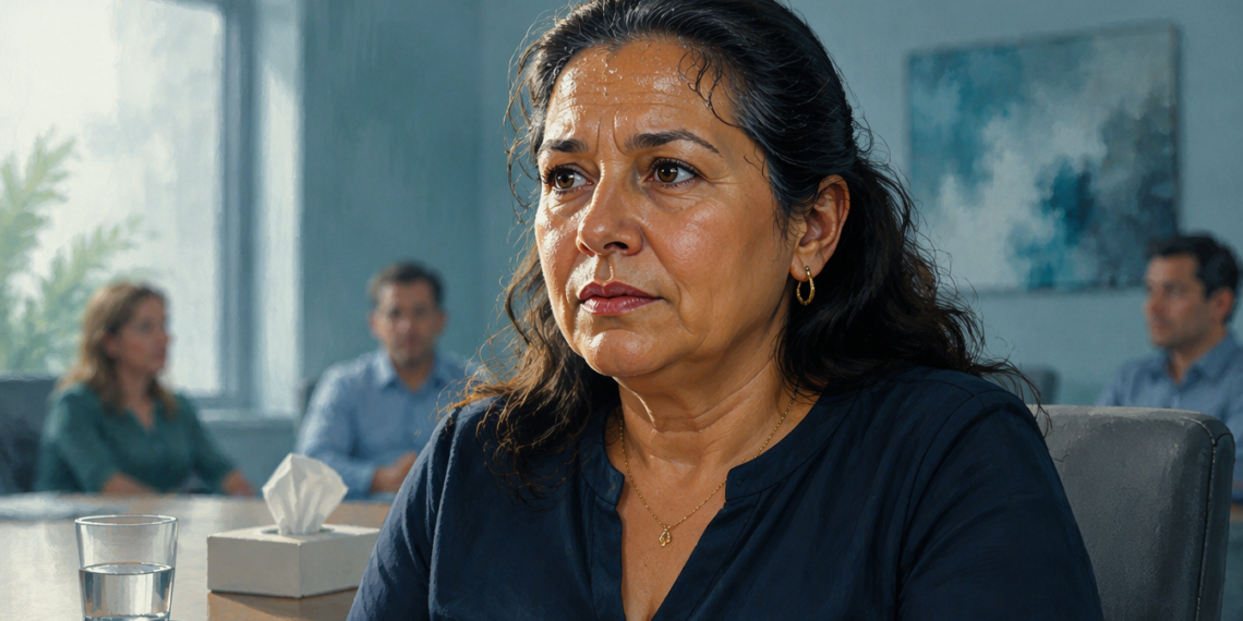 Mujer adulta con sudor visible en la frente y el rostro, sentada en una sala junto a un vaso de agua y una caja de pañuelos.