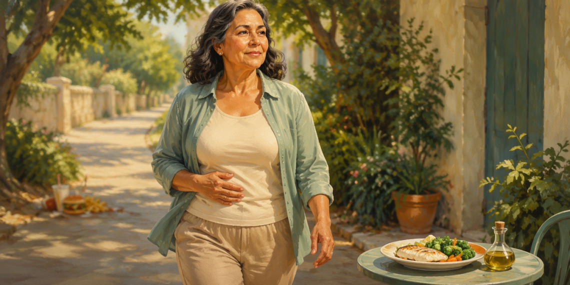 Mujer adulta caminando por un jardín con una mano sobre el abdomen, junto a una mesa con pescado, verduras y aceite de oliva.