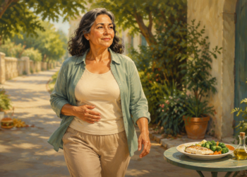 Mujer adulta caminando por un jardín con una mano sobre el abdomen, junto a una mesa con pescado, verduras y aceite de oliva.