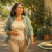 Mujer adulta caminando por un jardín con una mano sobre el abdomen, junto a una mesa con pescado, verduras y aceite de oliva.