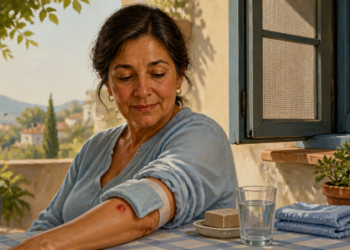 Mujer adulta aplica una compresa fría sobre una picadura de mosquito en el brazo, junto a un vaso de agua, jabón y toallas limpias.