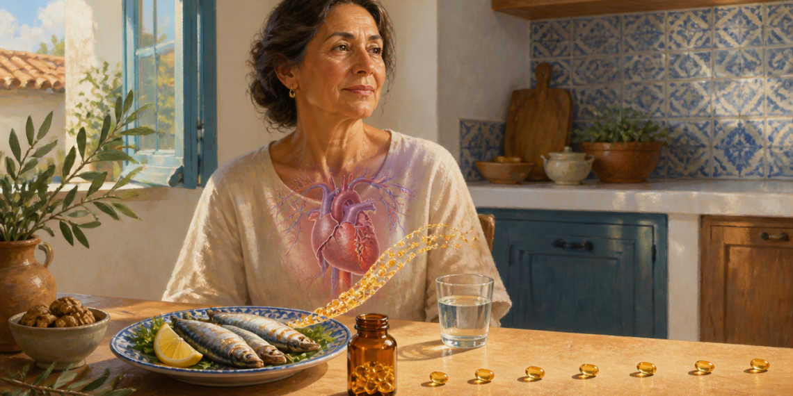 Mujer adulta sentada ante un plato de pescado azul, nueces, cápsulas de omega 3 y un vaso de agua, con una representación del corazón sobre el pecho.