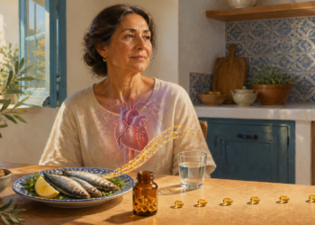 Mujer adulta sentada ante un plato de pescado azul, nueces, cápsulas de omega 3 y un vaso de agua, con una representación del corazón sobre el pecho.
