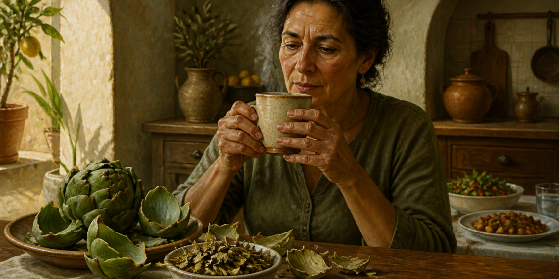 Mujer adulta sostiene una taza humeante junto a varias alcachofas frescas, hojas secas y un cuenco con partes de la planta en una cocina rústica.