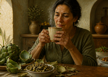 Mujer adulta sostiene una taza humeante junto a varias alcachofas frescas, hojas secas y un cuenco con partes de la planta en una cocina rústica.