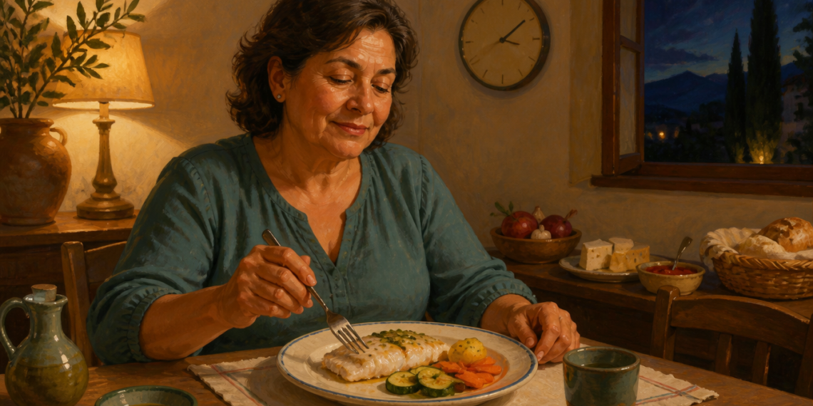 Mujer adulta cena pescado con calabacín, zanahoria y patata en una mesa, durante la noche, en un ambiente doméstico.