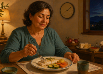 Mujer adulta cena pescado con calabacín, zanahoria y patata en una mesa, durante la noche, en un ambiente doméstico.