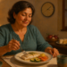 Mujer adulta cena pescado con calabacín, zanahoria y patata en una mesa, durante la noche, en un ambiente doméstico.