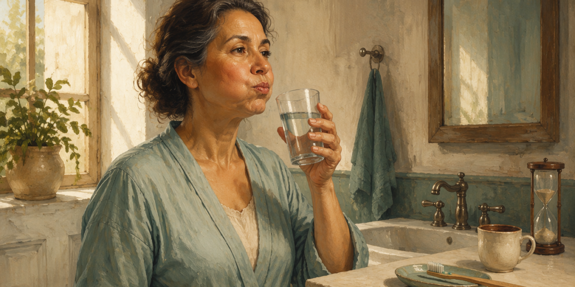 Mujer adulta en un baño sostiene un vaso de agua mientras enjuaga la boca, junto a un cepillo de dientes, un lavabo y un espejo.