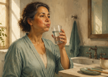 Mujer adulta en un baño sostiene un vaso de agua mientras enjuaga la boca, junto a un cepillo de dientes, un lavabo y un espejo.