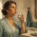 Mujer adulta en un baño sostiene un vaso de agua mientras enjuaga la boca, junto a un cepillo de dientes, un lavabo y un espejo.