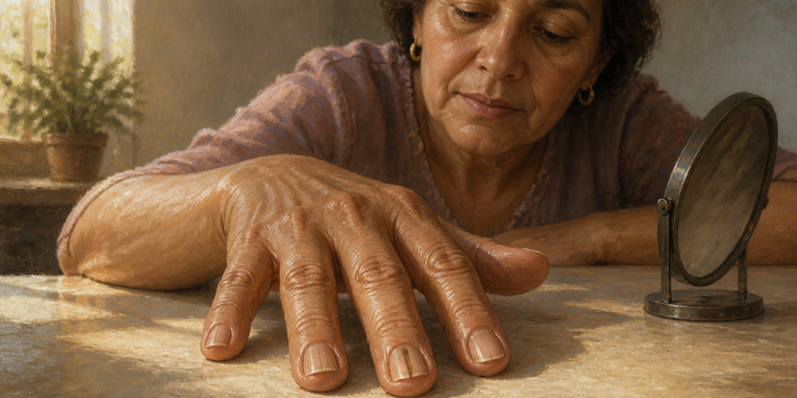 Mujer adulta observa de cerca sus uñas frente a un espejo, con líneas verticales visibles en varias uñas de la mano.