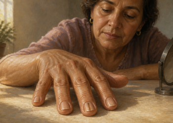 Mujer adulta observa de cerca sus uñas frente a un espejo, con líneas verticales visibles en varias uñas de la mano.