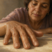 Mujer adulta observa de cerca sus uñas frente a un espejo, con líneas verticales visibles en varias uñas de la mano.