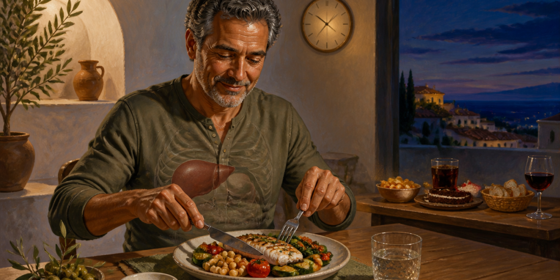 Hombre adulto cenando pescado, garbanzos y verduras, con una representación visible del hígado sobre el torso y alimentos menos saludables al fondo.