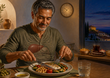 Hombre adulto cenando pescado, garbanzos y verduras, con una representación visible del hígado sobre el torso y alimentos menos saludables al fondo.