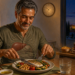 Hombre adulto cenando pescado, garbanzos y verduras, con una representación visible del hígado sobre el torso y alimentos menos saludables al fondo.