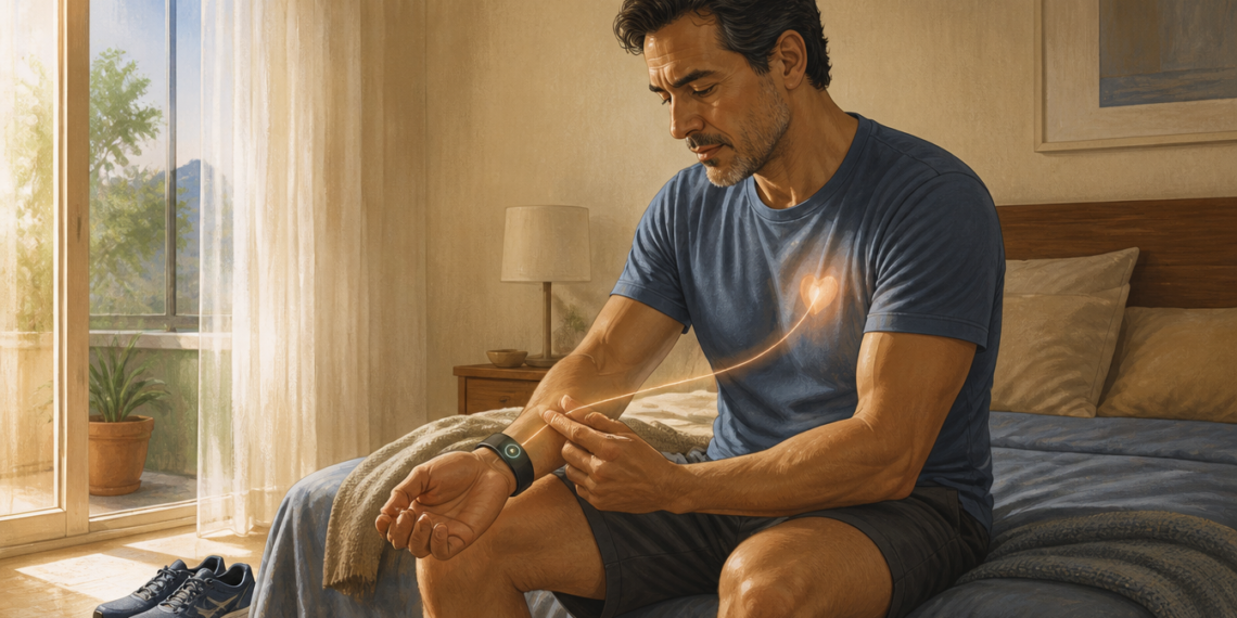 Hombre adulto sentado en la cama mientras se toma el pulso en la muñeca junto a un reloj inteligente, con un corazón luminoso sobre el pecho.