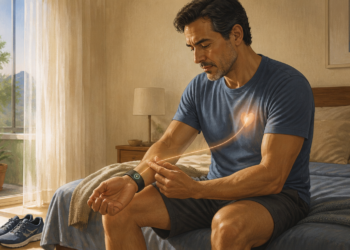 Hombre adulto sentado en la cama mientras se toma el pulso en la muñeca junto a un reloj inteligente, con un corazón luminoso sobre el pecho.