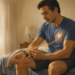 Hombre adulto sentado en la cama mientras se toma el pulso en la muñeca junto a un reloj inteligente, con un corazón luminoso sobre el pecho.