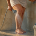 Persona adulta aplicando agua con una ducha de mano sobre una pierna mientras permanece de pie en un baño, como parte de un cuidado casero para las piernas cansadas.