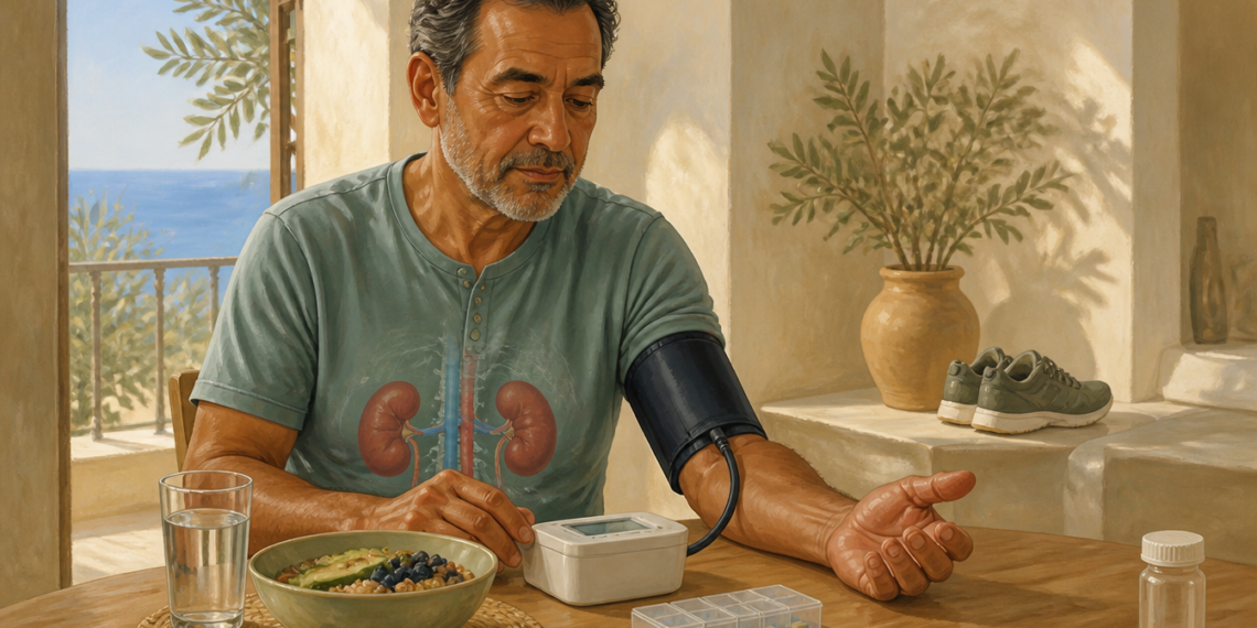 Hombre adulto midiéndose la presión arterial en casa, con una ilustración de los riñones sobre el torso y una mesa con agua, comida, pastillero y medicamentos.