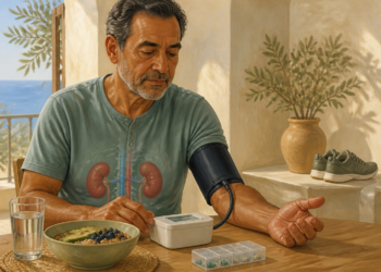 Hombre adulto midiéndose la presión arterial en casa, con una ilustración de los riñones sobre el torso y una mesa con agua, comida, pastillero y medicamentos.