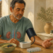 Hombre adulto midiéndose la presión arterial en casa, con una ilustración de los riñones sobre el torso y una mesa con agua, comida, pastillero y medicamentos.