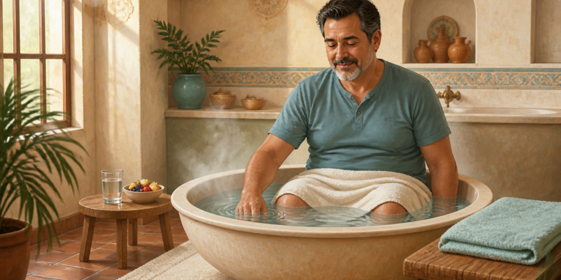 Hombre adulto sentado en una bañera baja con agua templada y una toalla alrededor de la cintura, realizando un baño de asiento casero.