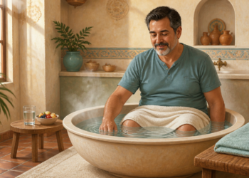 Hombre adulto sentado en una bañera baja con agua templada y una toalla alrededor de la cintura, realizando un baño de asiento casero.