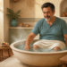 Hombre adulto sentado en una bañera baja con agua templada y una toalla alrededor de la cintura, realizando un baño de asiento casero.