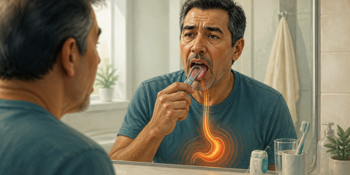 Hombre adulto frente al espejo del baño mientras se limpia la lengua con un raspador, con una representación luminosa del esófago y el estómago sobre el torso.