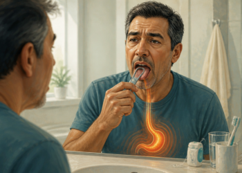 Hombre adulto frente al espejo del baño mientras se limpia la lengua con un raspador, con una representación luminosa del esófago y el estómago sobre el torso.