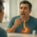 Hombre adulto frente al espejo del baño mientras se limpia la lengua con un raspador, con una representación luminosa del esófago y el estómago sobre el torso.