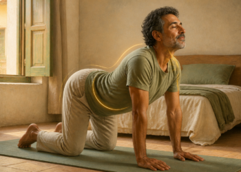 Hombre adulto realizando un estiramiento de espalda a cuatro apoyos sobre una esterilla en el dormitorio, con una línea luminosa que resalta la zona lumbar.