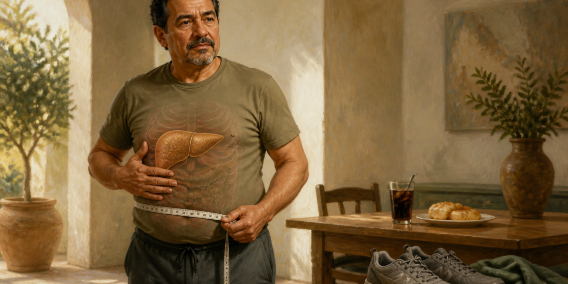 Hombre adulto con una cinta métrica alrededor del abdomen y una representación visible del hígado sobre el torso, junto a zapatillas deportivas y alimentos sobre una mesa.