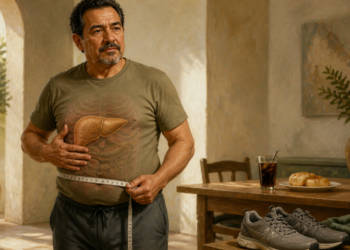 Hombre adulto con una cinta métrica alrededor del abdomen y una representación visible del hígado sobre el torso, junto a zapatillas deportivas y alimentos sobre una mesa.