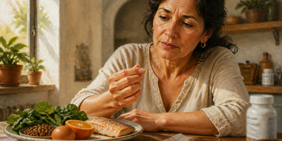 Mujer adulta observa sus uñas mientras está sentada ante un plato con pescado, lentejas, huevo, hojas verdes y naranja, alimentos ricos en proteínas y hierro.