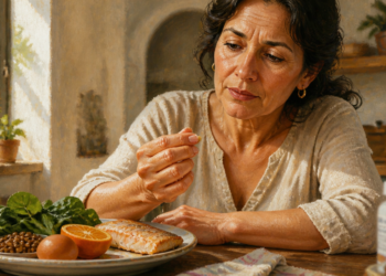 Mujer adulta observa sus uñas mientras está sentada ante un plato con pescado, lentejas, huevo, hojas verdes y naranja, alimentos ricos en proteínas y hierro.