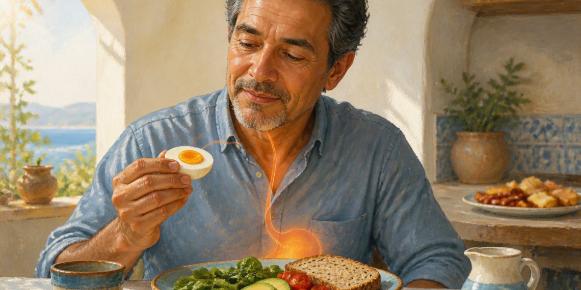 Hombre adulto sentado ante una comida equilibrada mientras sostiene medio huevo cocido, con verduras, aguacate, tomate y pan integral sobre el plato.