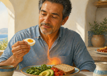 Hombre adulto sentado ante una comida equilibrada mientras sostiene medio huevo cocido, con verduras, aguacate, tomate y pan integral sobre el plato.